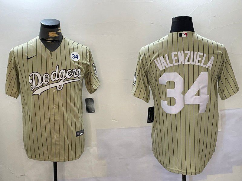 Men Los Angeles Dodgers #34 Valenzuela Green Stripe Game 2024 Nike MLB Jersey style 3